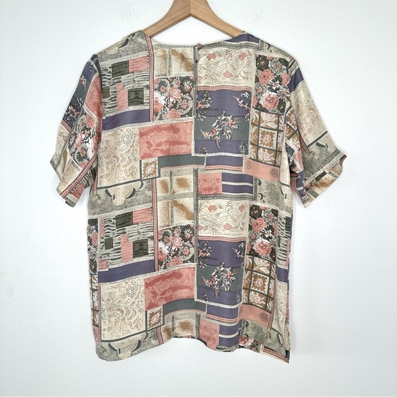 Vintage 100% Silk Top By Stunt Collections Sz M Cottagecore Abstract Patchwork - Picture 10 of 10